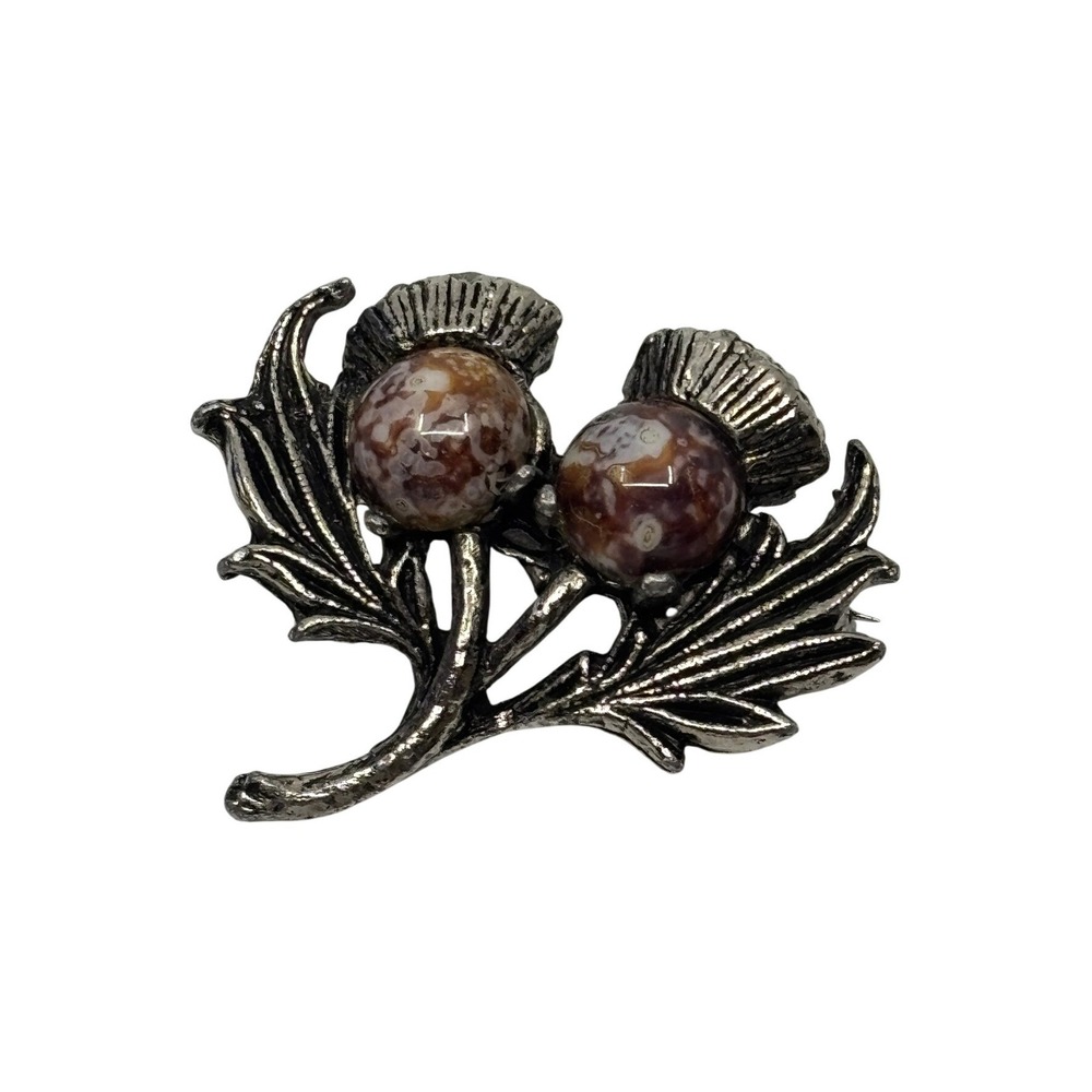 Vintage Scottish Thistle Brooch Silver‎ Tone Faux Agate Stone Celtic Pin